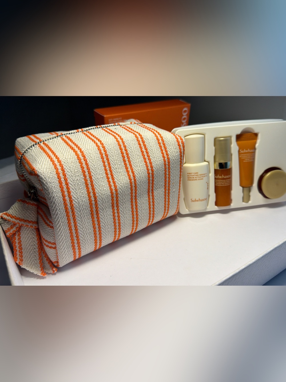 New, Sulwhasoo Striped Orange & ivory color Cosmetic Pouch with Skincare Set